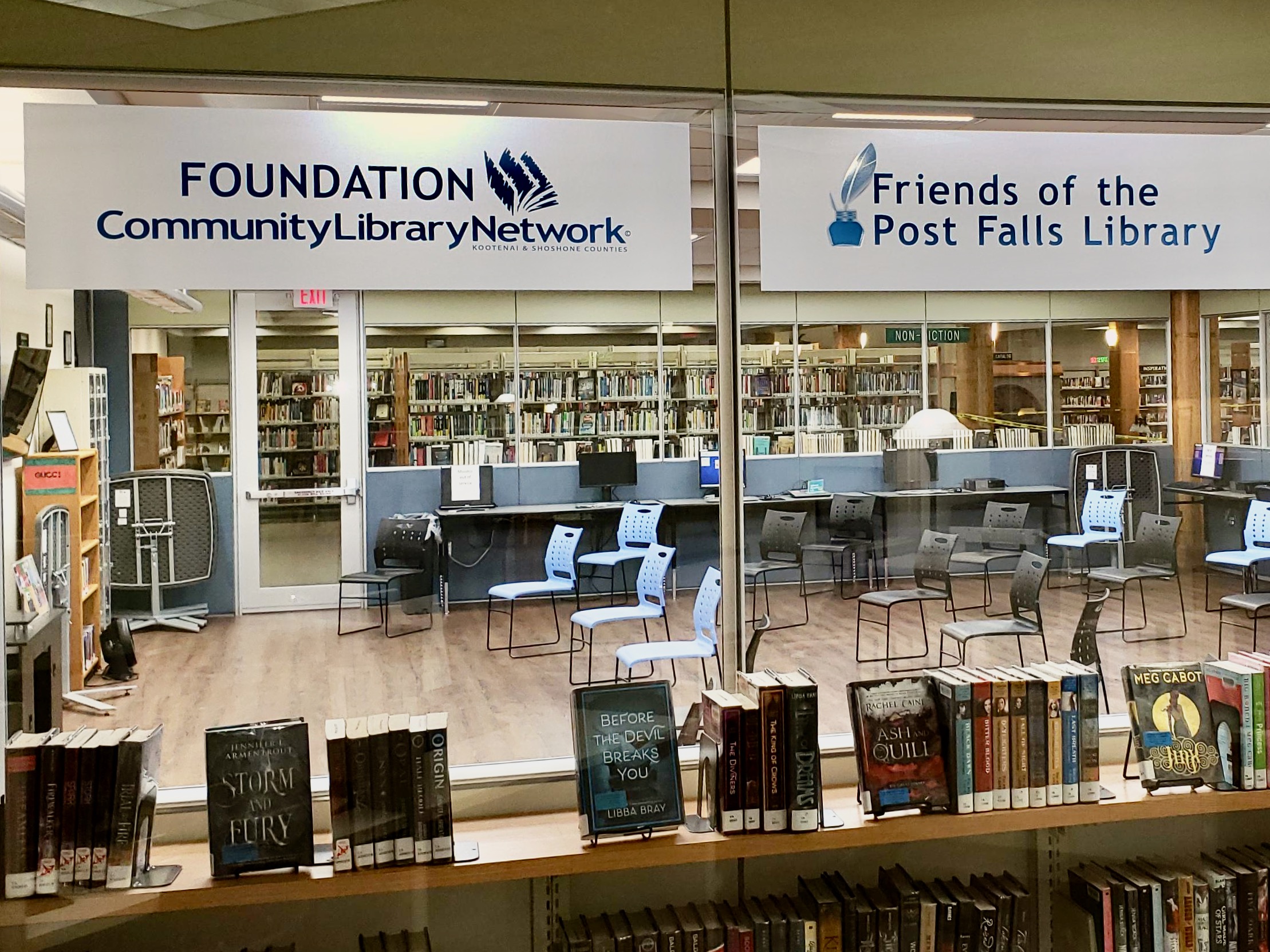 Foundation signage recognizing donation to teen space in post falls library