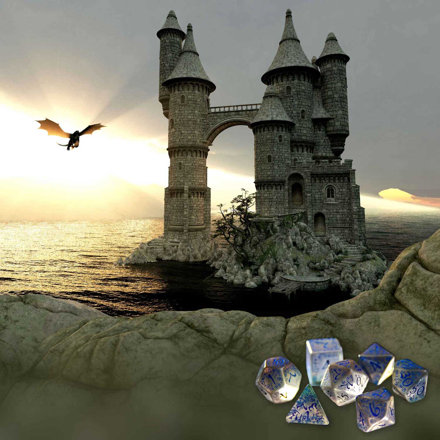 A castle next to the ocean with a dragon flying toward it and several D&D dice in the foreground.